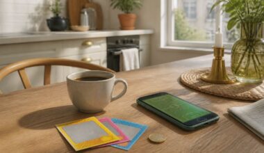 Köksbord med kaffekopp, skraplotter, ett mynt och en mobil som visar en fotbollsplan