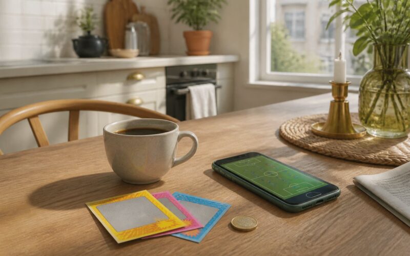 Köksbord med kaffekopp, skraplotter, ett mynt och en mobil som visar en fotbollsplan