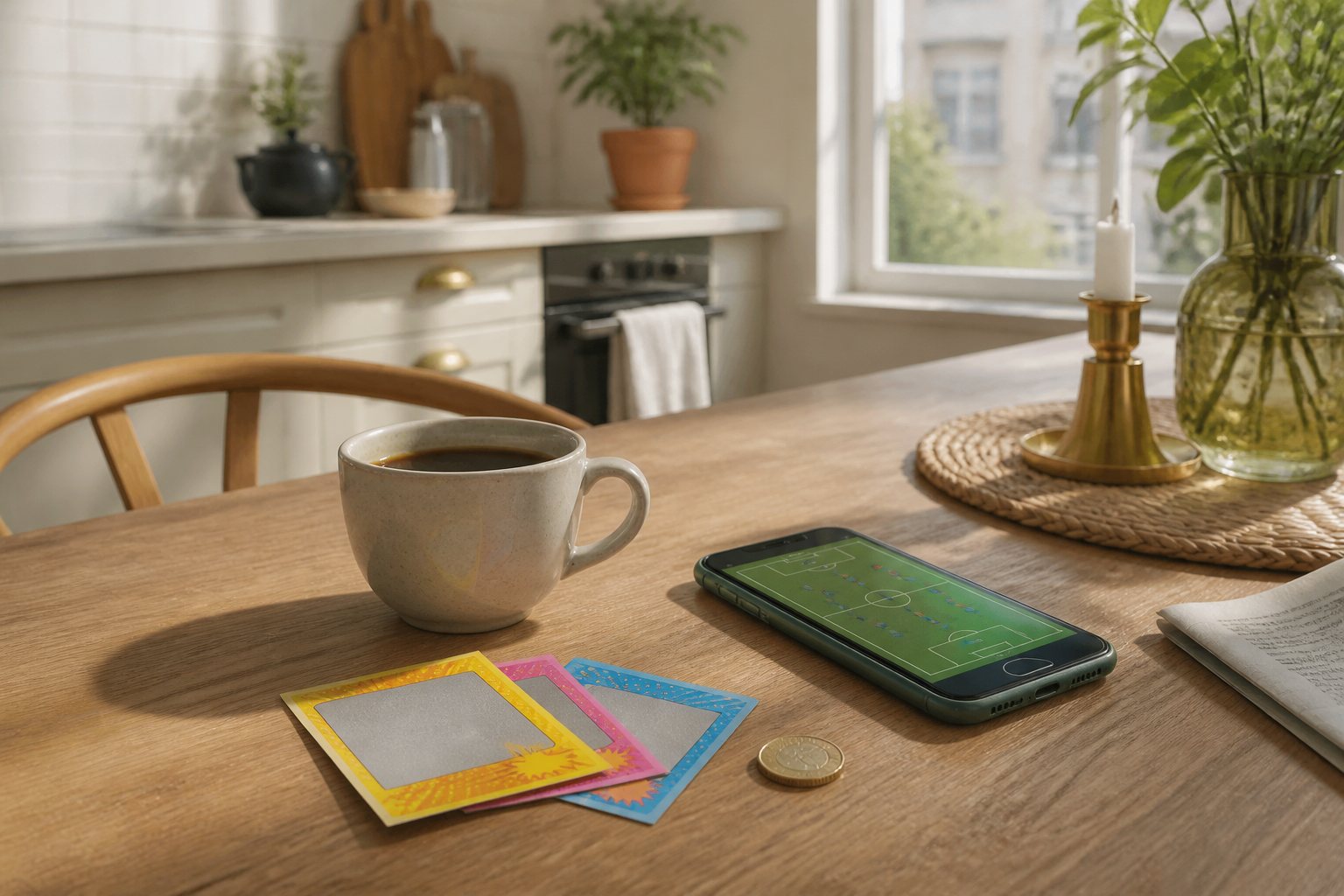 Köksbord med kaffekopp, skraplotter, ett mynt och en mobil som visar en fotbollsplan